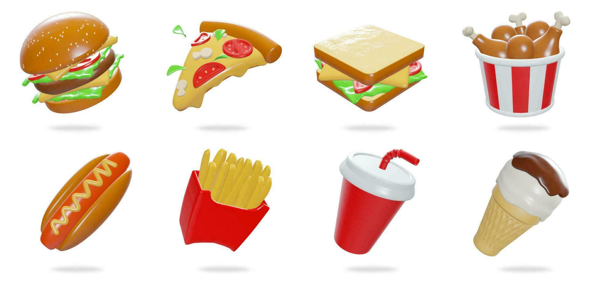 3d representación. rápido comida icono conjunto en un blanco antecedentes vector