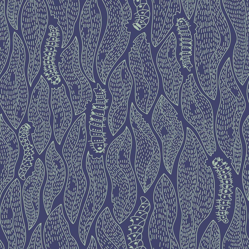 Seamless pattern of caterpillars gnawing leaves on a dark background vector