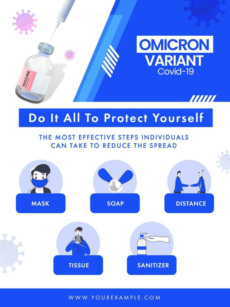 Follow These Tips To Prevent Omicron Covid-19 Variant Like As Wear Mask, Use Sanitizer And Tissue Paper, Washing Hands, Keep Distance. Can Be Used As Poster Or Template Design. vector