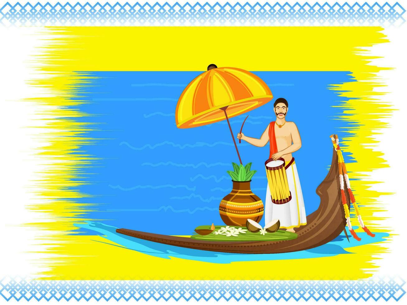 Illustration Of South Indian Drummer With Onam Festival Elements Over Vallam Kali On Abstract Brush Effect Background. vector