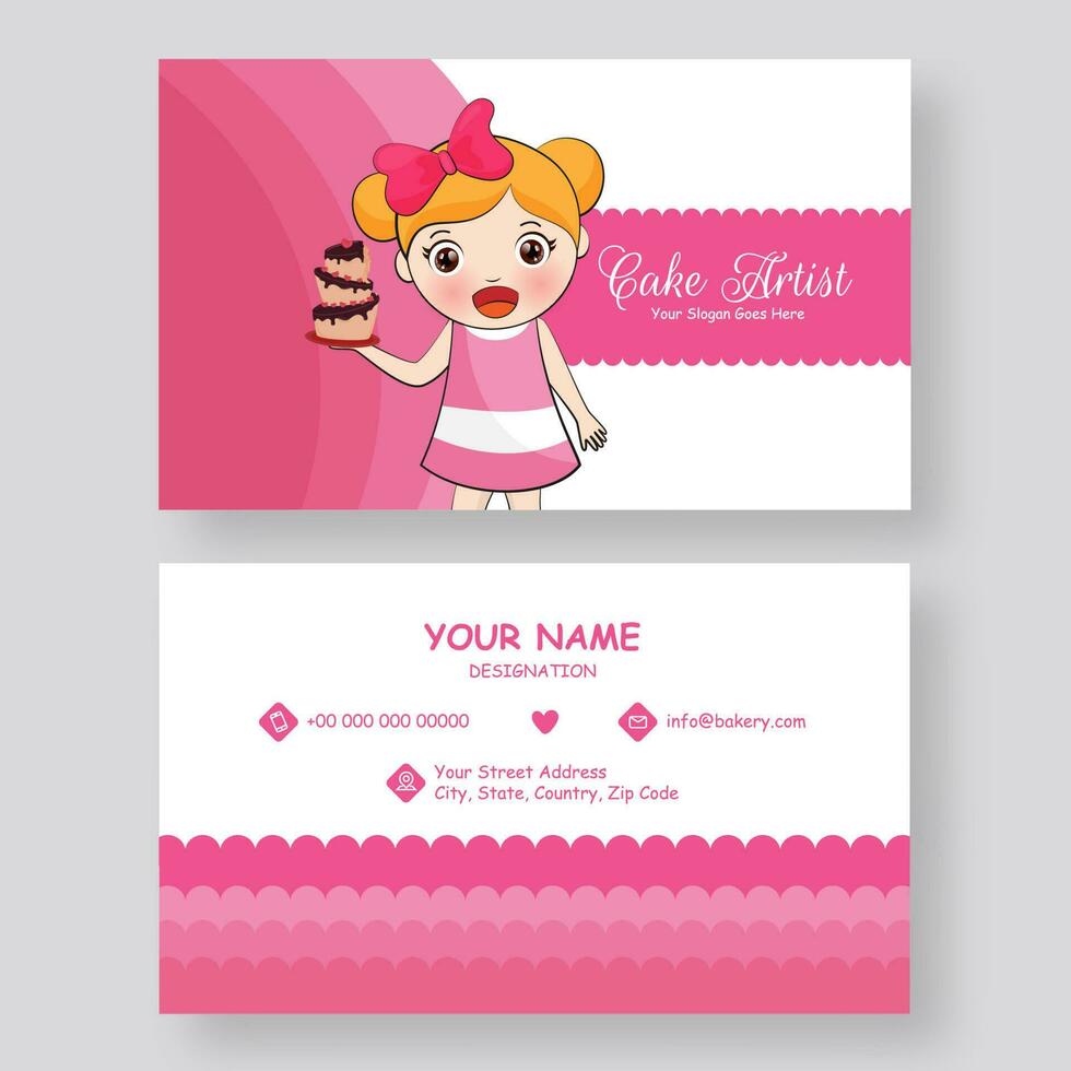 Cake Artist business card design in front and back view with cute girl presenting cake. vector