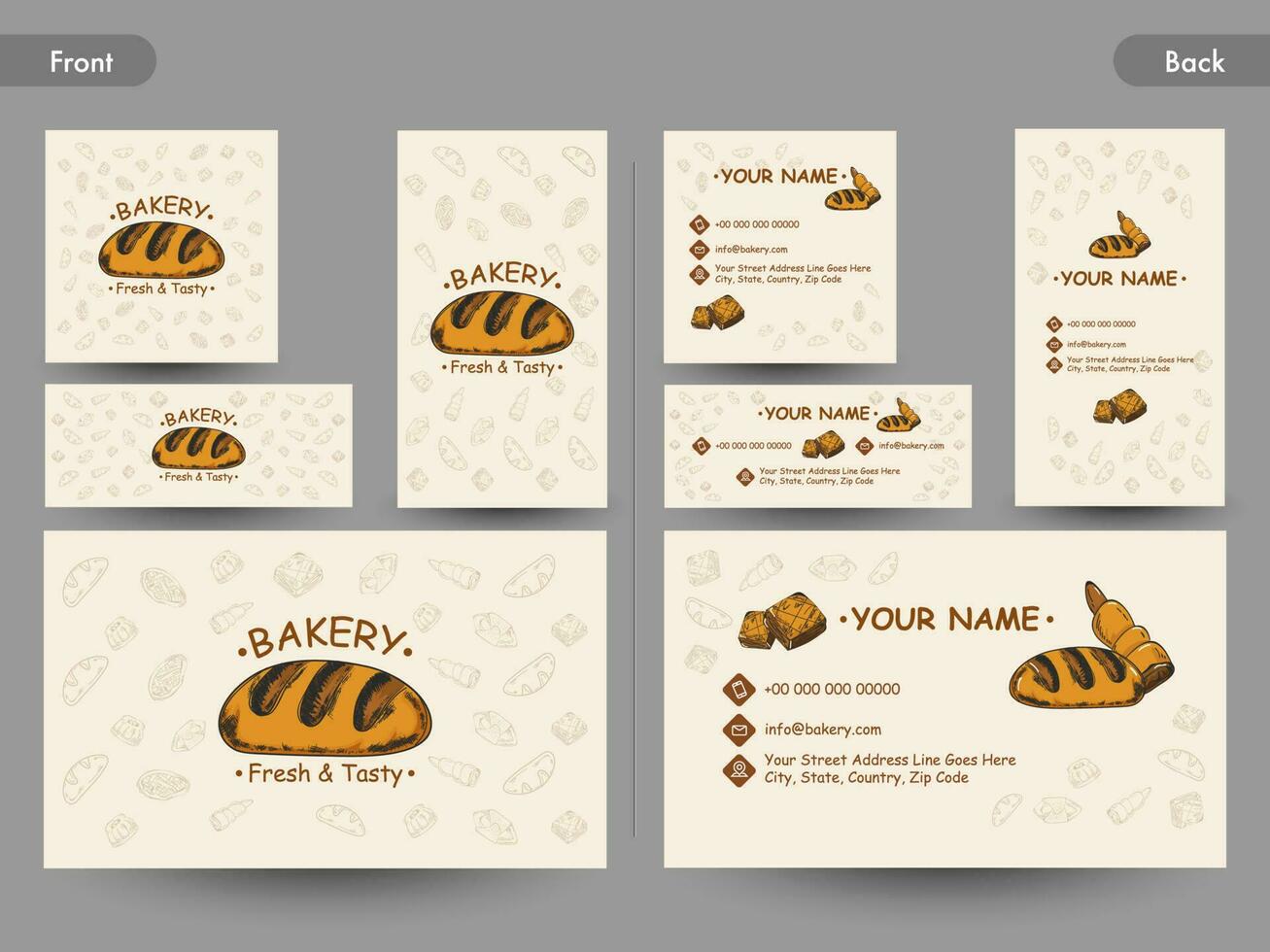 panadería negocio tarjeta colección con frente y espalda presentación. vector