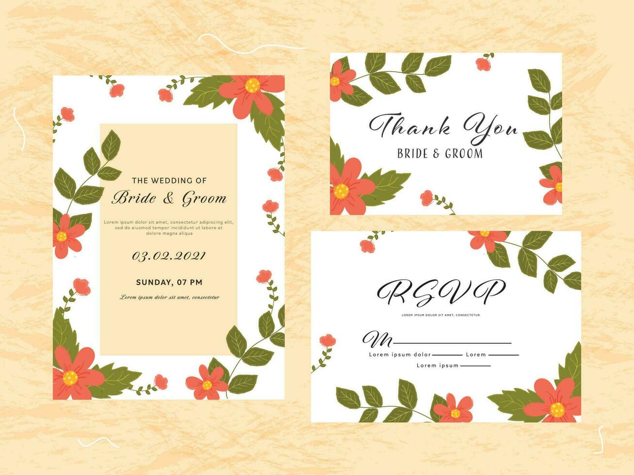 Wedding Invitation Like As Save The Date, Thank You and RSVP Card Decorated with Flowers and Leaves. vector