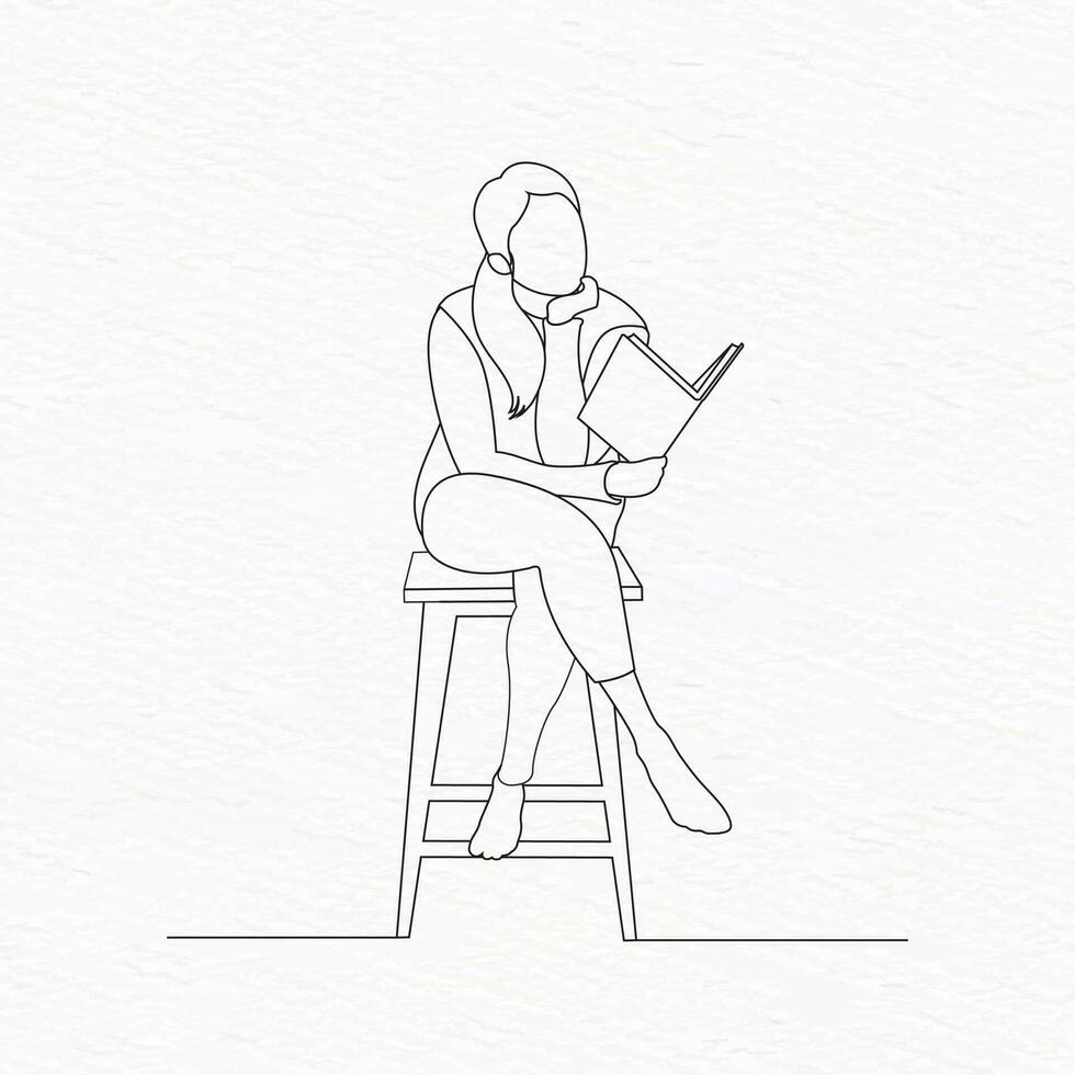 un mujer se sienta en un taburete y lee un libro línea Arte vector
