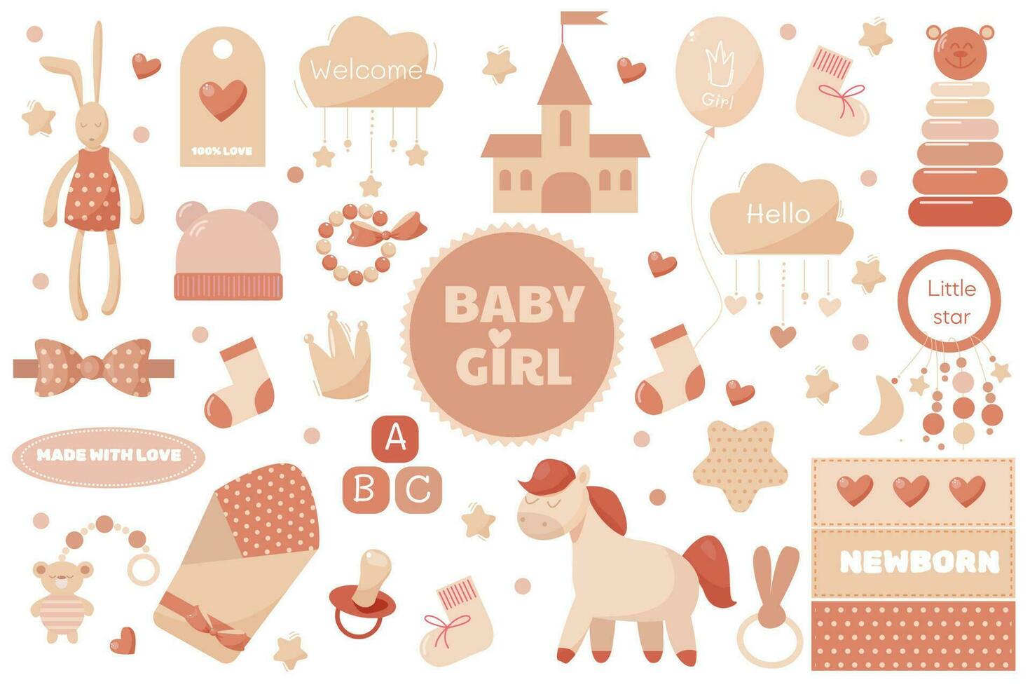 vector set pink toys for baby girl with lot of pretty decor
