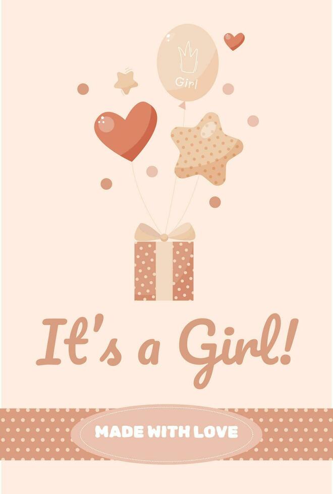 vector pretty card for the baby girl with present and cute ballons