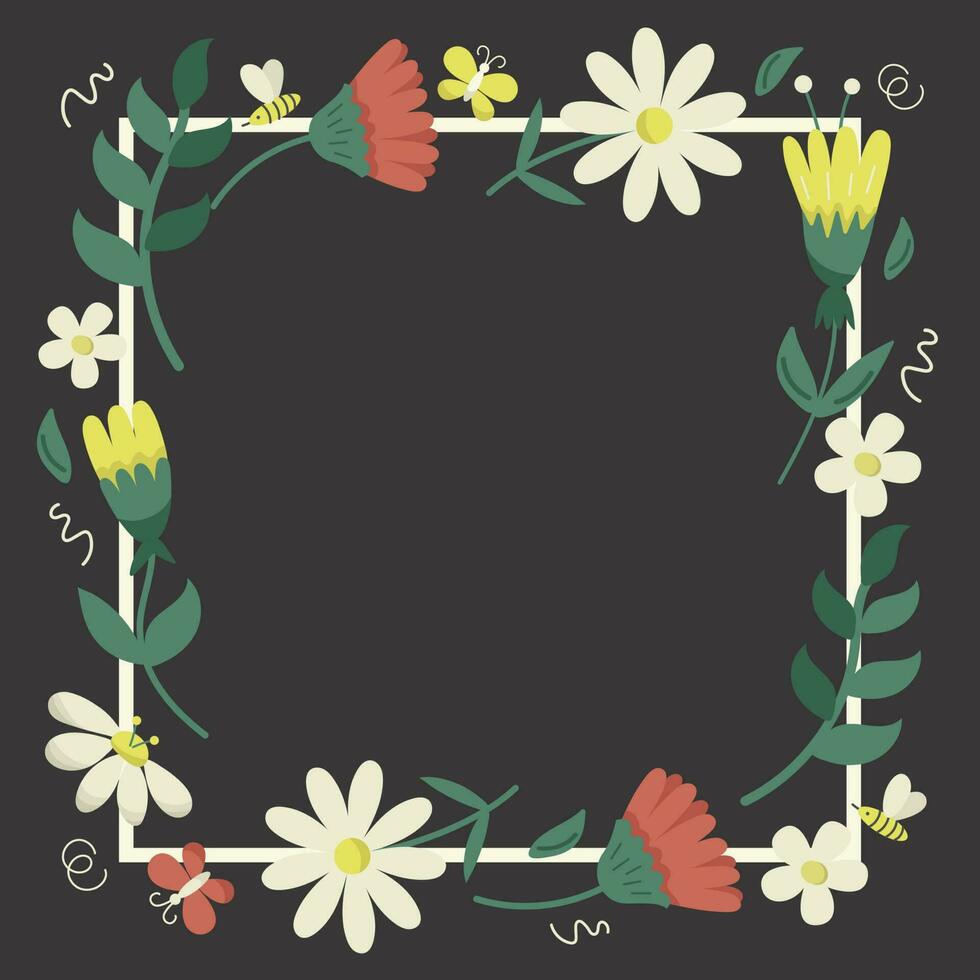 Different flat summer wild flowers square on black background. Vector frame with floral plants, banner template