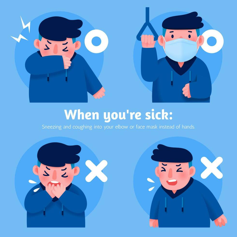 Covering mouth and nose when coughing and sneezing, flu or coronavirus prevention illustration vector