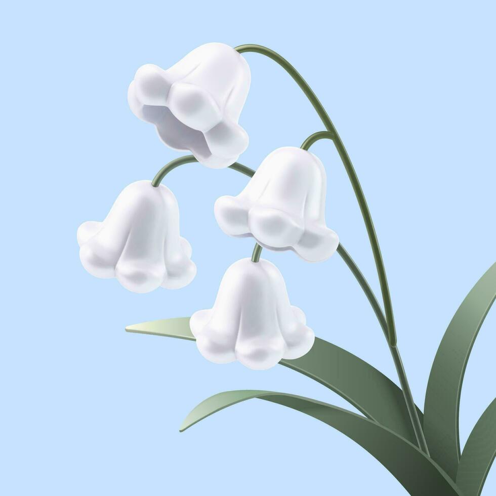 Lovely white lily of the valley in 3d illustration on light blue background vector
