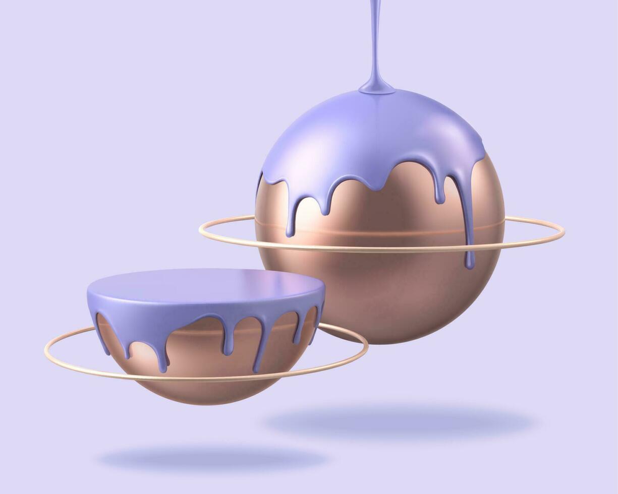 Lovely 3d illustration bronze planet with violet purple liquid dripping on it vector