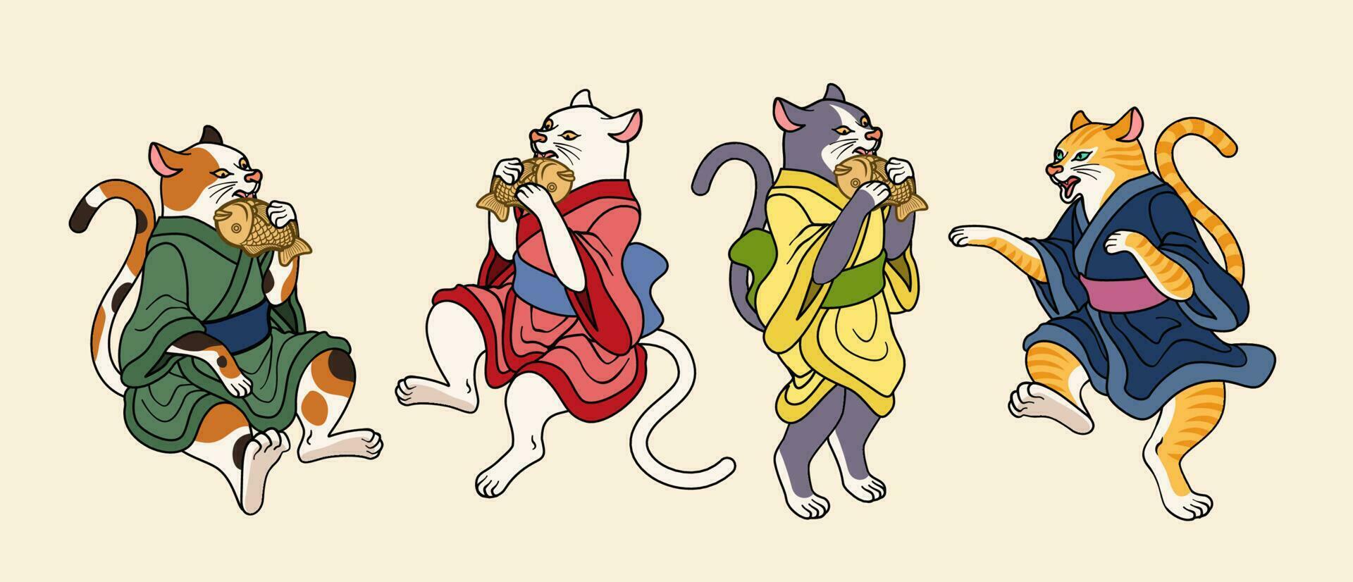 linda gatos vistiendo yukata y comiendo taiyaki en ukiyo-e estilo, un tipo de japonés meriendas vector