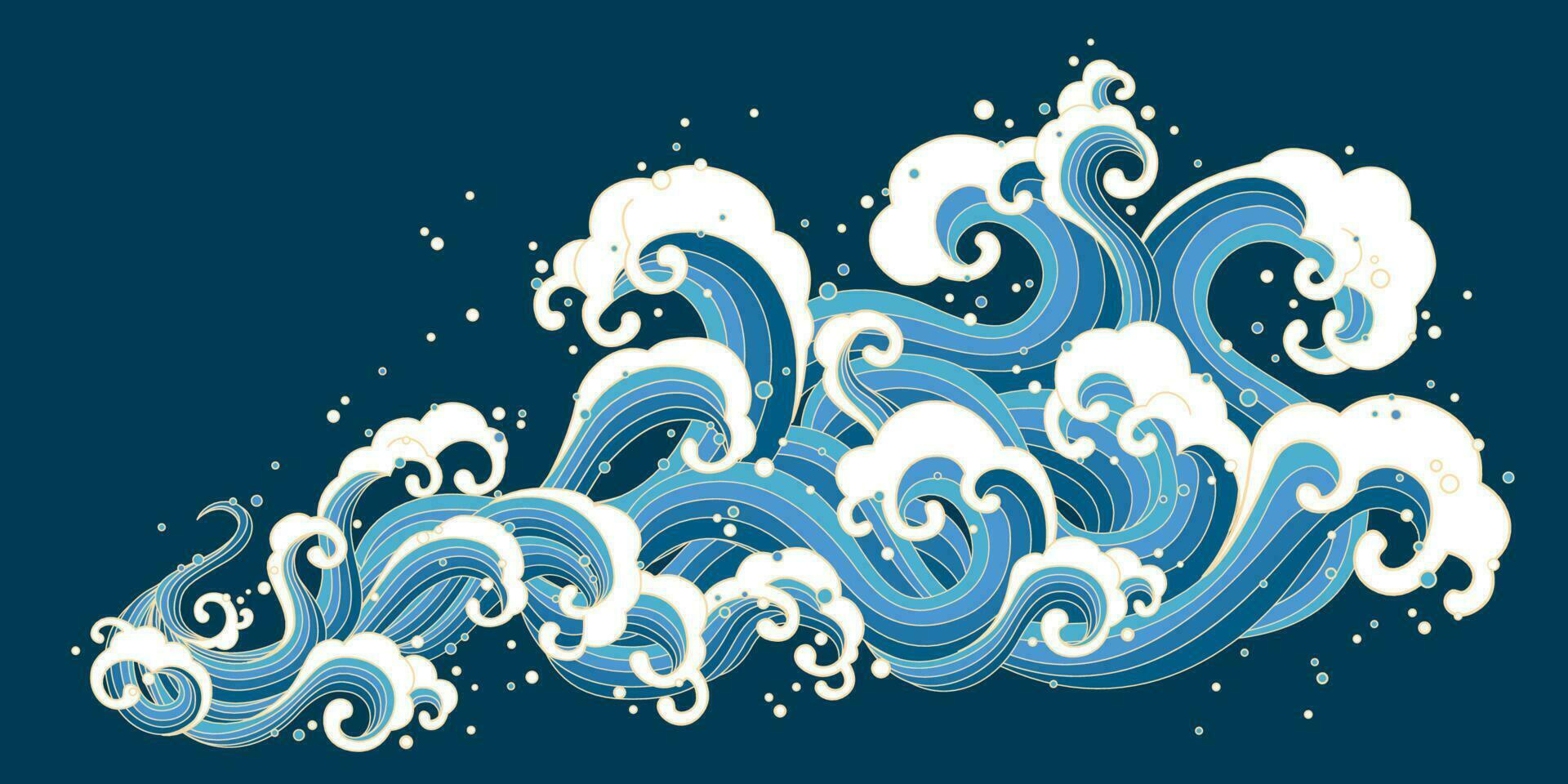 Ukiyo-e style splashing ocean tide on dark blue background vector