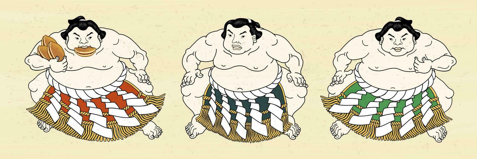 Tres japonés sumo luchador en vistoso cinturón y uno de ellos participación dorayaki aperitivos, ukiyo-e estilo ilustración vector