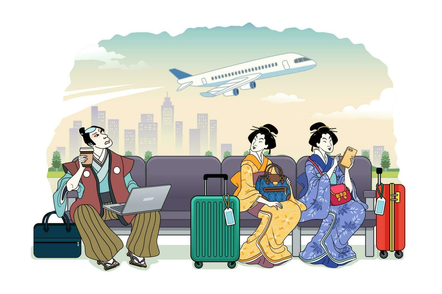 Ukiyo-e style people waiting their flight at terminal vector