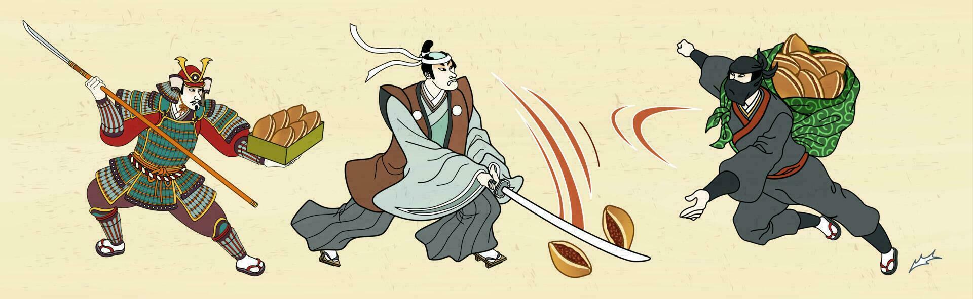Japanese general and ninja fighting with dorayaki in ukiyo-e style vector