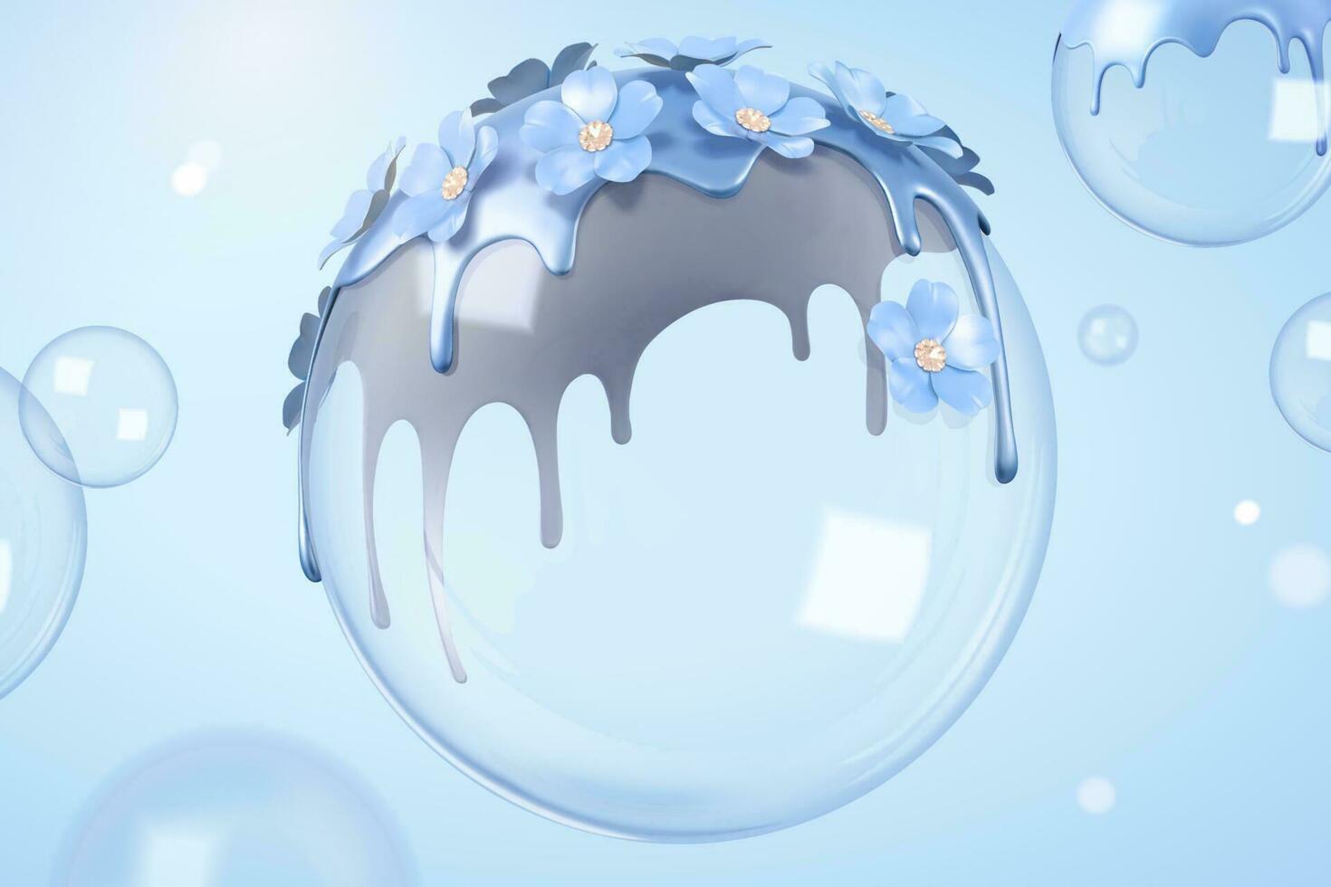flotante burbujas con ligero Violeta flores y líquido en él, 3d ilustración vector