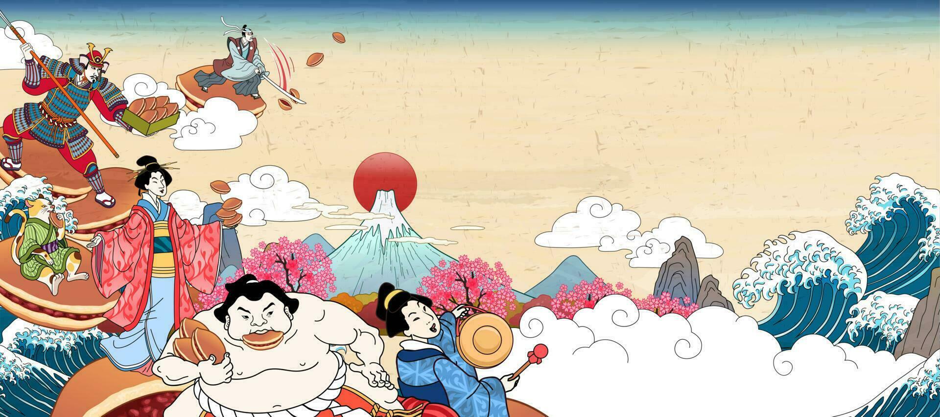 Ancient people standing and fighting upon Japanese dorayaki in ukiyo-e style on retro fuji mountain background vector