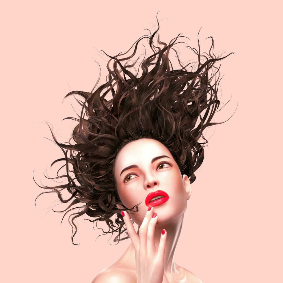 Trendy woman with red lip and flowing hair in 3d illustration on pink background vector