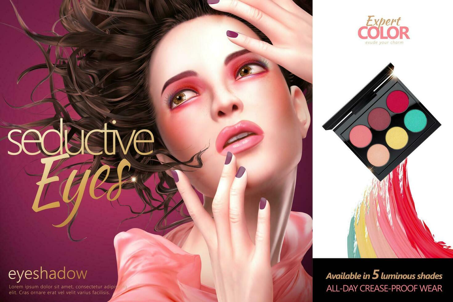 Beautiful woman wearing colorful eyeshadow, eyeshadow palette ads in 3d illustration vector