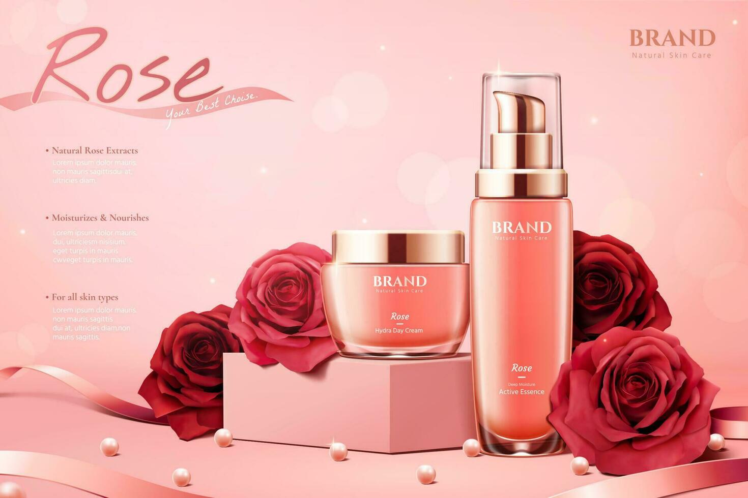 elegante Rosa cosmético anuncios con cintas y perlas en Brillantina rosado antecedentes en 3d ilustración vector