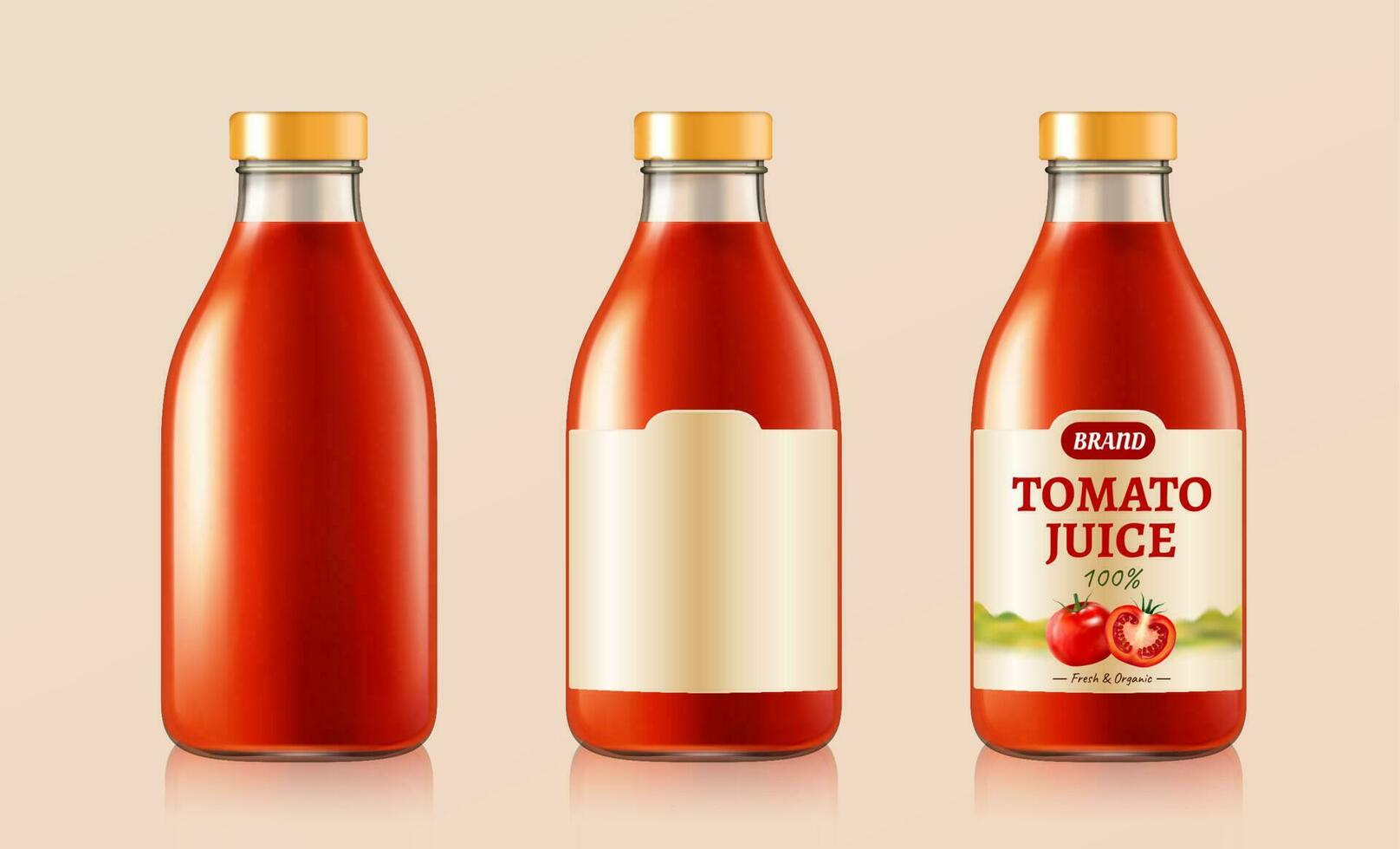 Fresh tomato juice glass bottle mockup and label design in 3d illustration vector