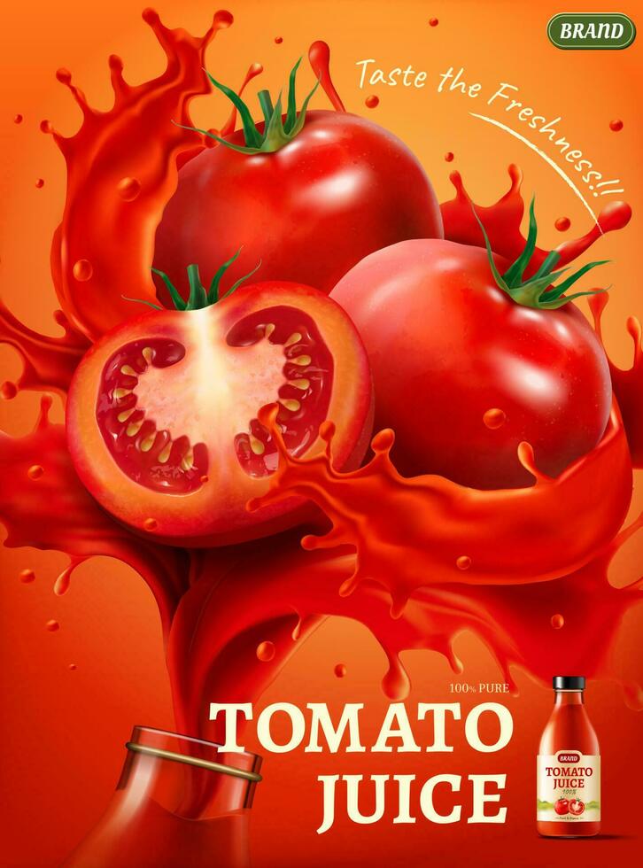Fresh tomato juice ad, realistic glass bottle rim with whole and sliced tomatoes in splashes, 3D illustration vector