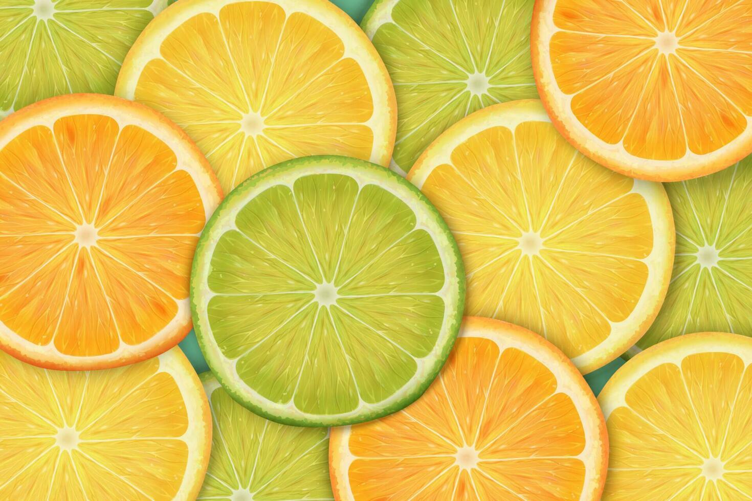 Colorful sliced citrus background in 3d illustration, top view vector