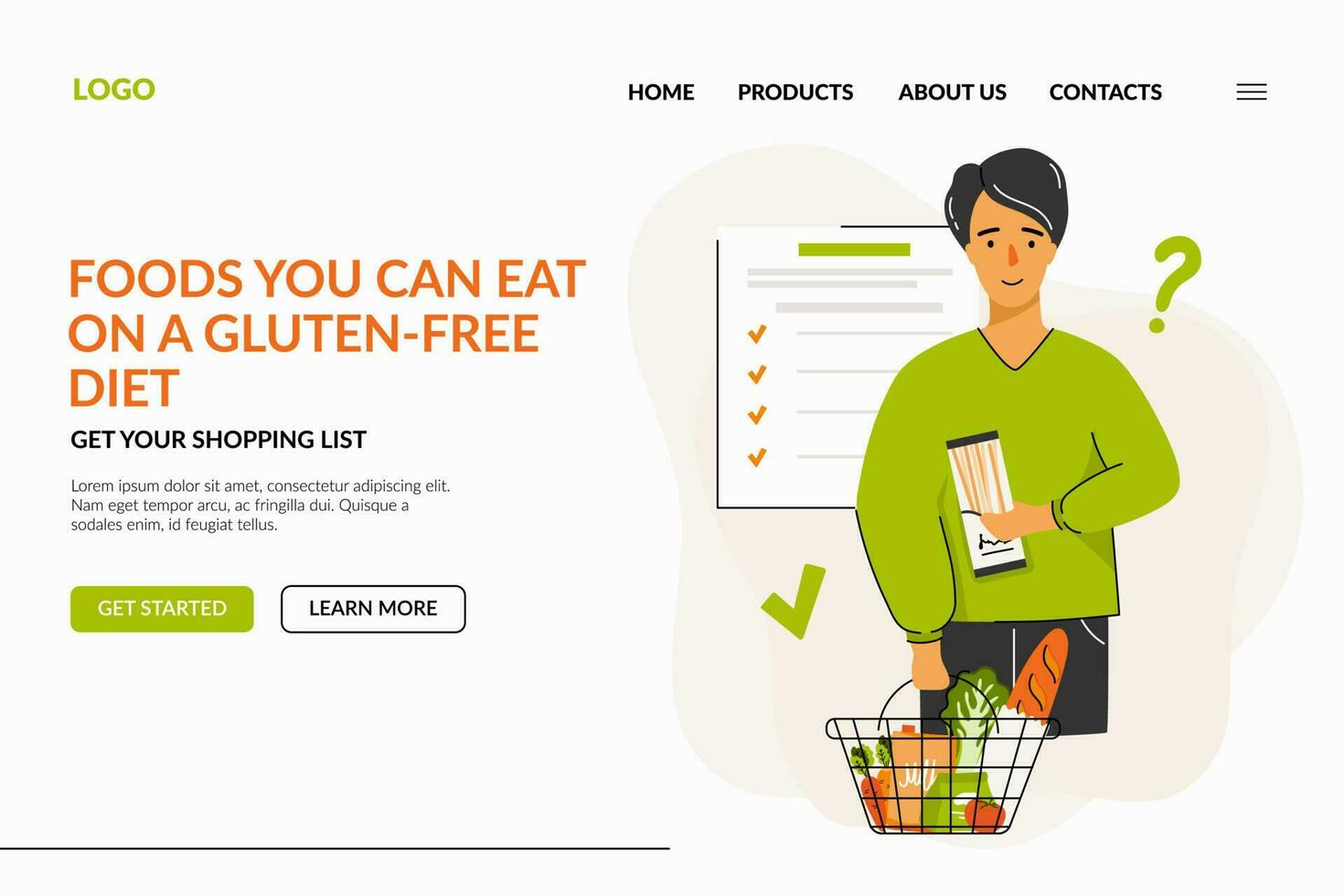 A webpage about the gluten-free diet. A person chooses foods that he can eat on a diet. The concept of a gluten-free diet, diet food, meal planning and shopping. Vector illustration