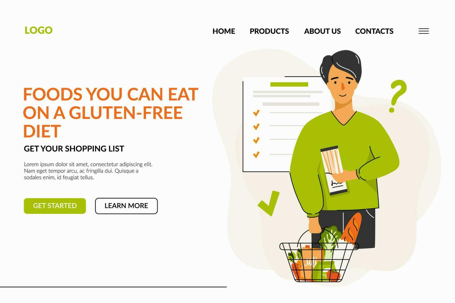 un página web acerca de el sin gluten dieta. un persona elige comidas ese él lata comer en un dieta. el concepto de un sin gluten dieta, dieta alimento, comida planificación y compras. vector ilustración