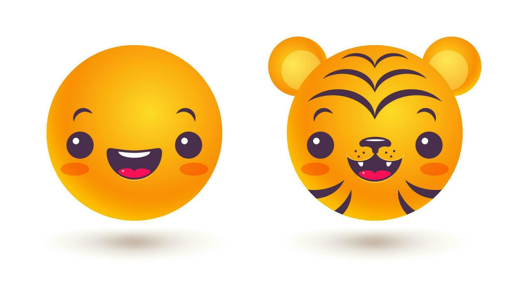 vector conjunto íconos de emoji en kawaii estilo. gracioso y Tigre emoji en kawaii estilo.