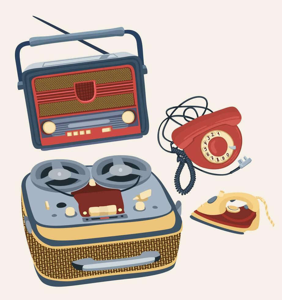 vector conjunto de retro dispositivos. radio, cinta grabadora, teléfono, eléctrico hierro.