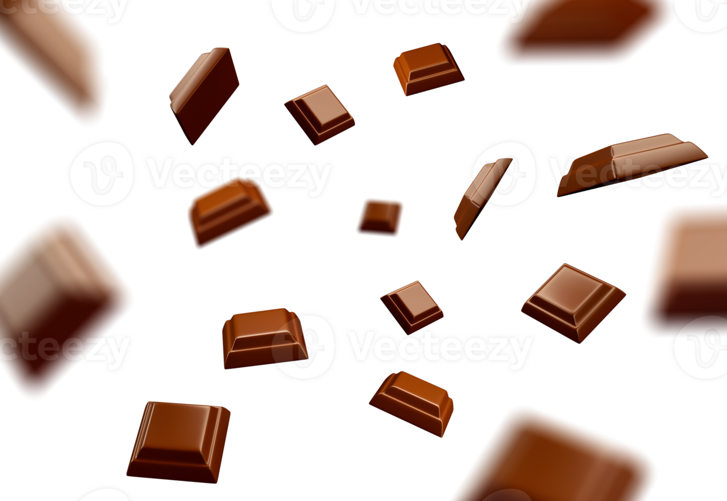 close up of chocolate pieces stack falling Many Chocolate cubes falling