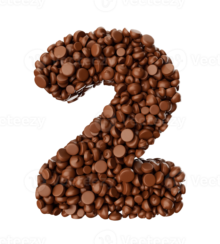 Digit 2 made of chocolate Chips Chocolate Pieces Alphabet Letter 2 3d illustration png