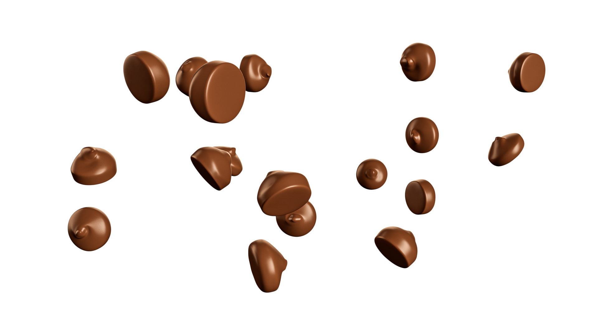 Chocolate chips morsels or drops from top view closeup Falling Flying