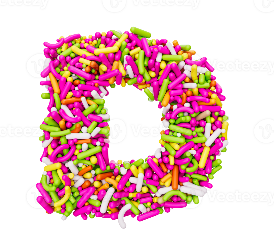 Alphabet D made of Colorful Sprinkles Letter D Rainbow sprinkles 3d illustration png