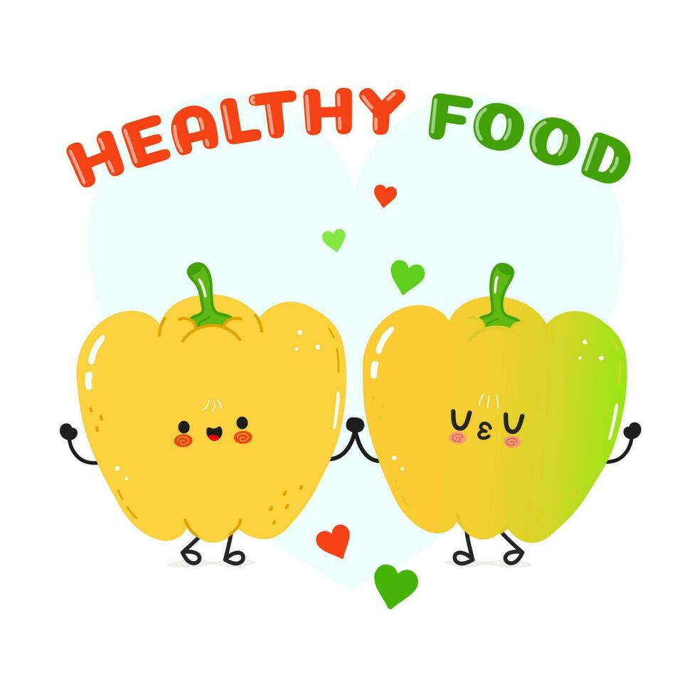 Yellow bell pepper and green bell pepper card. Vector hand drawn doodle style cartoon character illustration icon design. Happy Yellow bell pepper and green bell pepper friends concept card