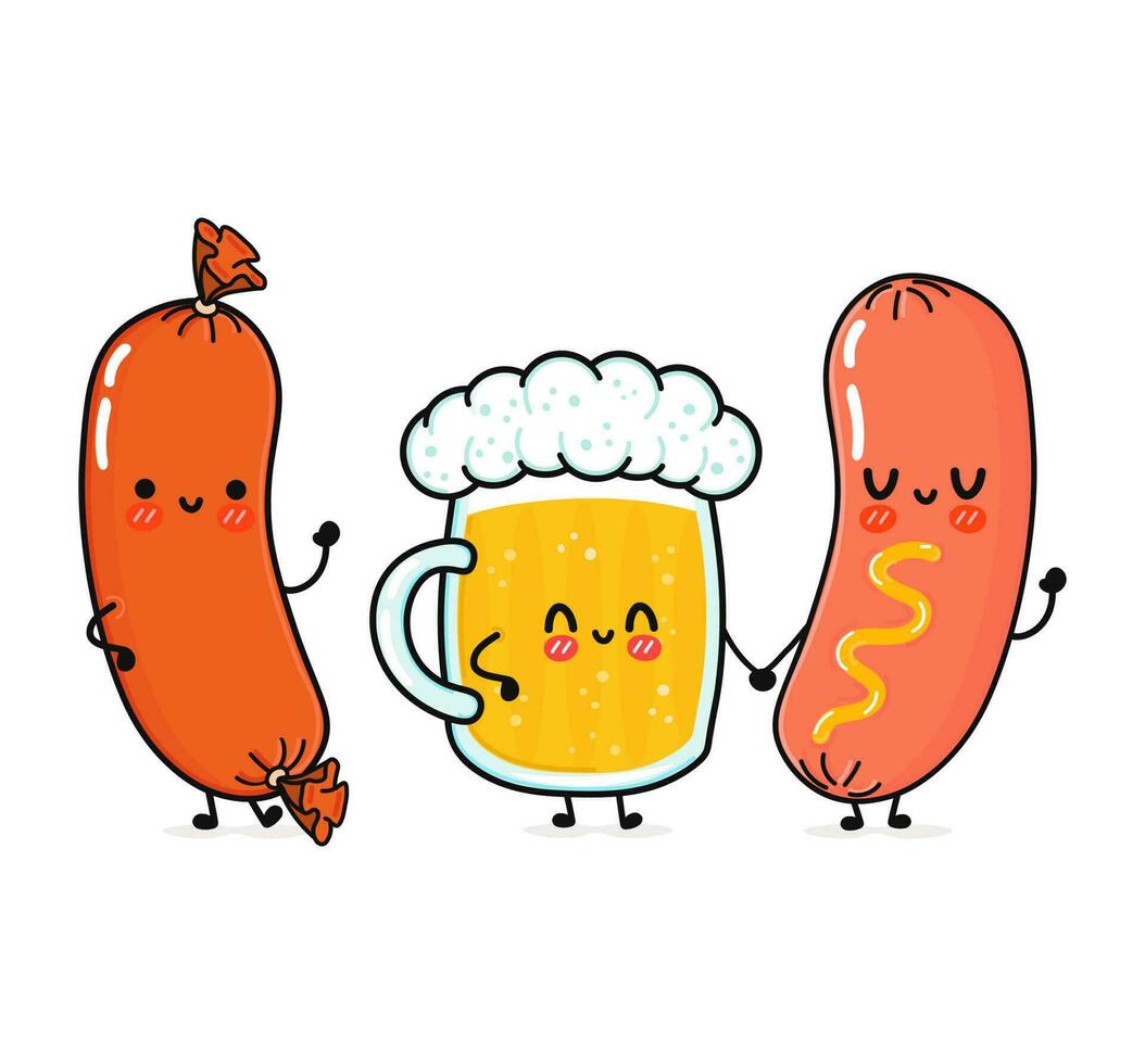 Cute, funny happy glass of beer, sausage and sausage with mustard. Vector hand drawn cartoon kawaii characters, illustration icon