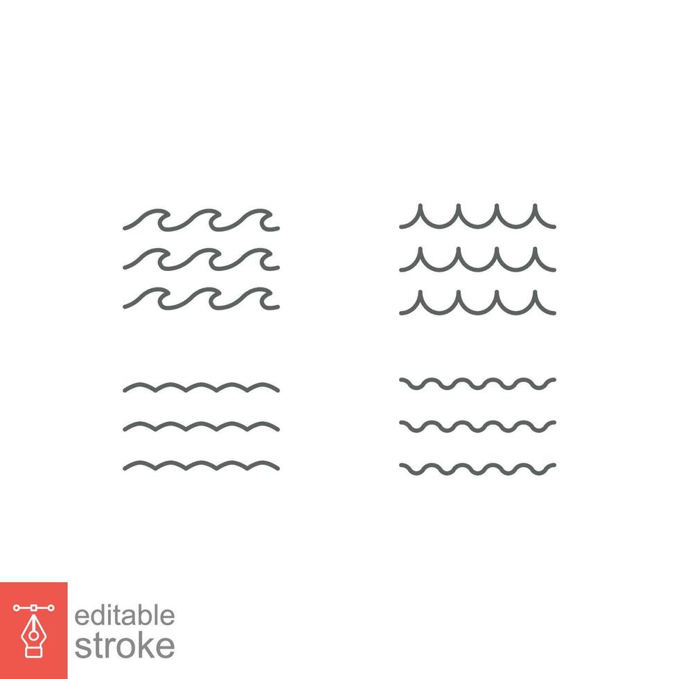 Set of line water waves icon. Simple outline style. Sea flowing, ocean water, river, fluid concept. Thin line symbol. Vector symbol illustration isolated on white background. Editable stroke EPS 10.