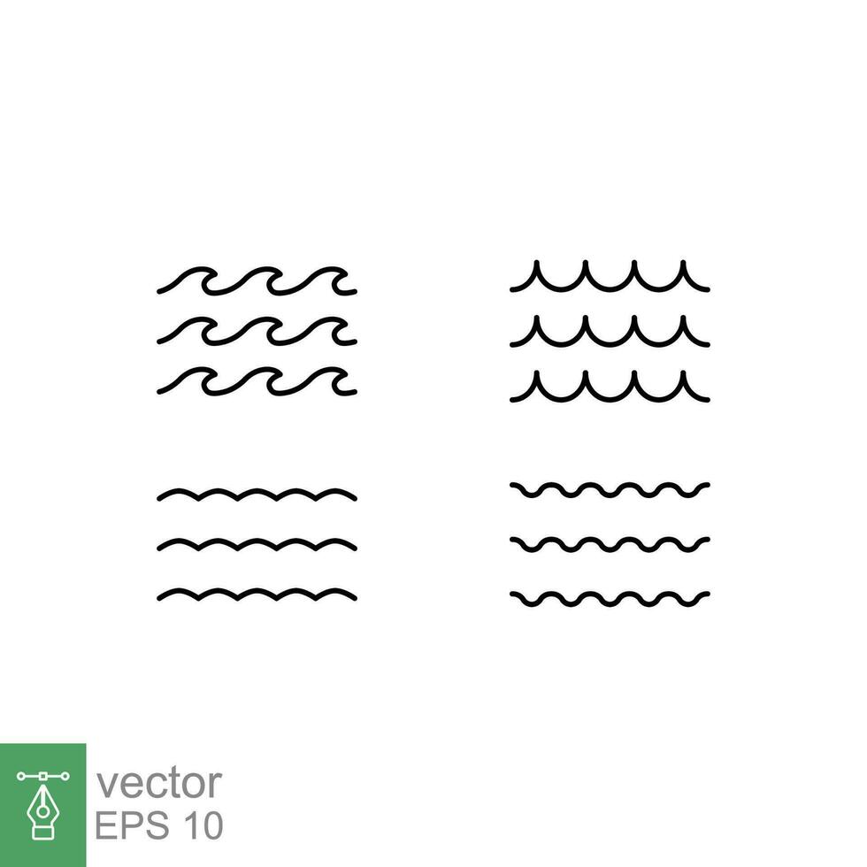 Set of line water waves icon. Simple outline style. Sea flowing, ocean water, river, ripple, fluid concept. Thin line symbol. Vector symbol illustration isolated on white background. EPS 10.