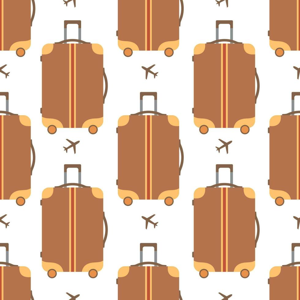 Seamless pattern with brown vintage suitcase and airplane silhouettes. Luggage for travel, business, tourism. Vector flat illustration isolated on white background