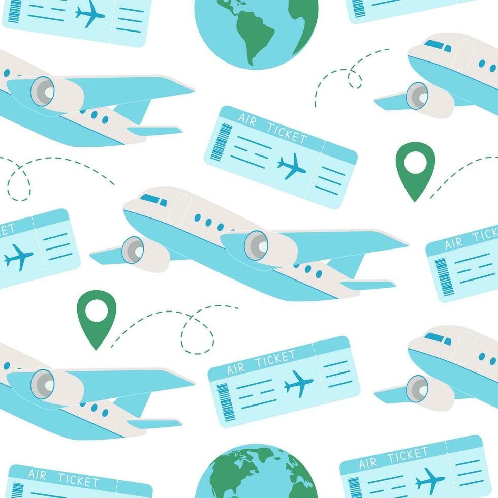 Seamless pattern with plane, air ticket, globe and map pin. Travel, vacation texture. Airplane, boarding pass. Vector flat illustration isolated on white background