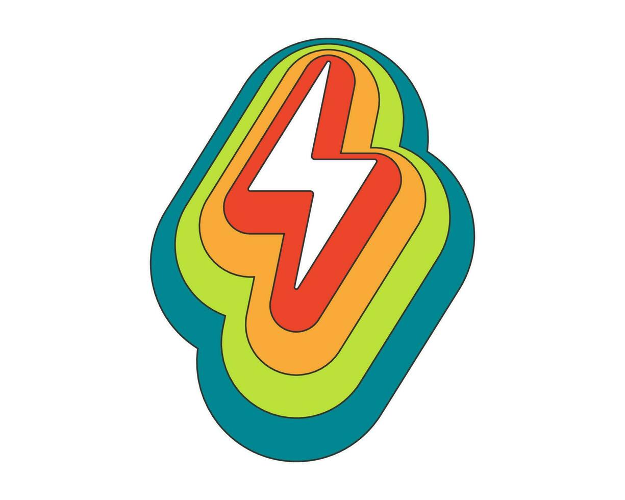 Retro groovy lightning with rainbow trace. Psychedelic hippie iridescent flash thunderbolt radiance. Hippy vintage abstract electricity power sticker. Trendy y2k pop art colorful charge. Trippy badge vector