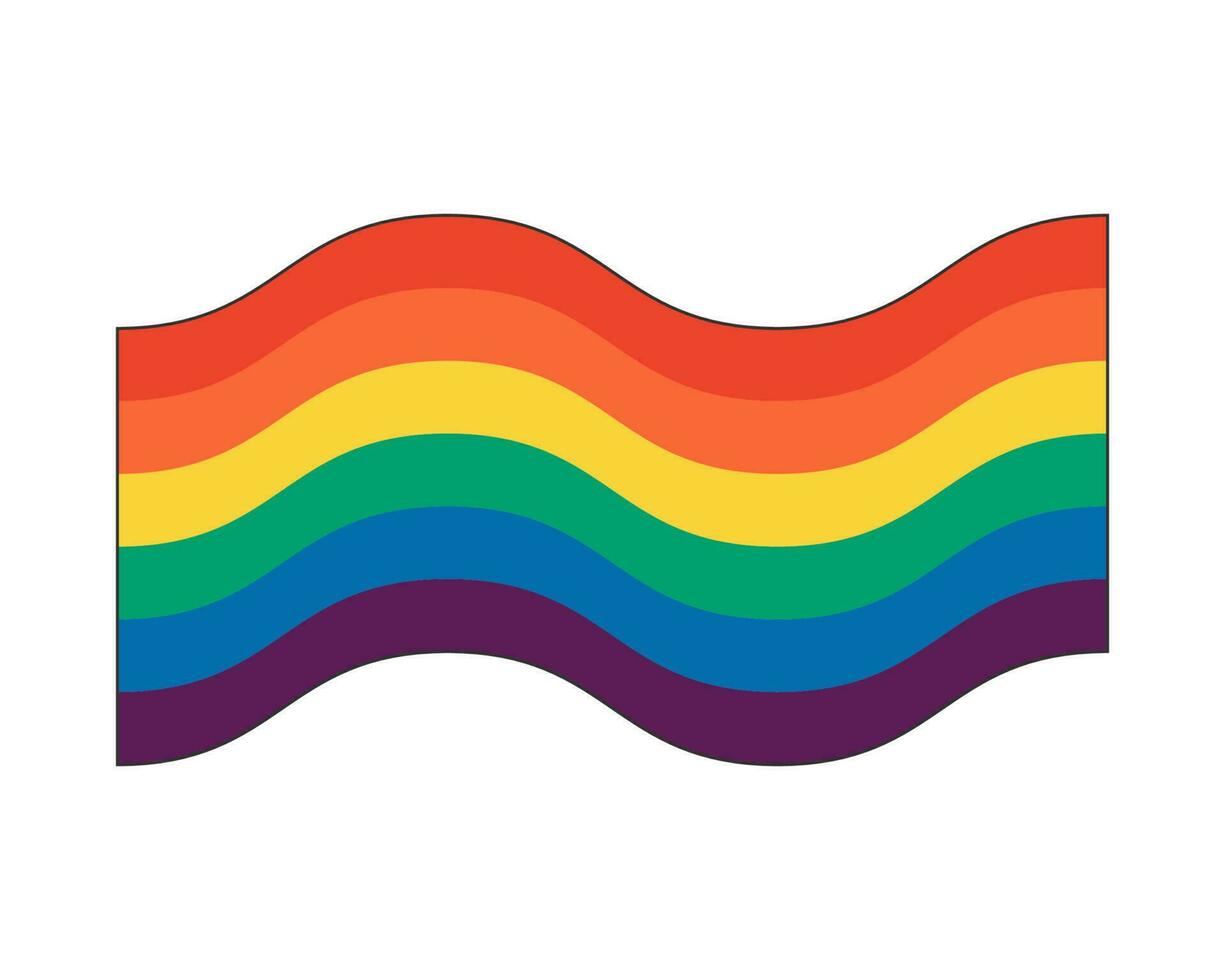 Rainbow colored wavy flag. LGBT and LGBTQ movement. Sexual minorities symbol. Gays and lesbians tolerance. Homosexuality pride colorful vector eps illustration. Groovy style badge