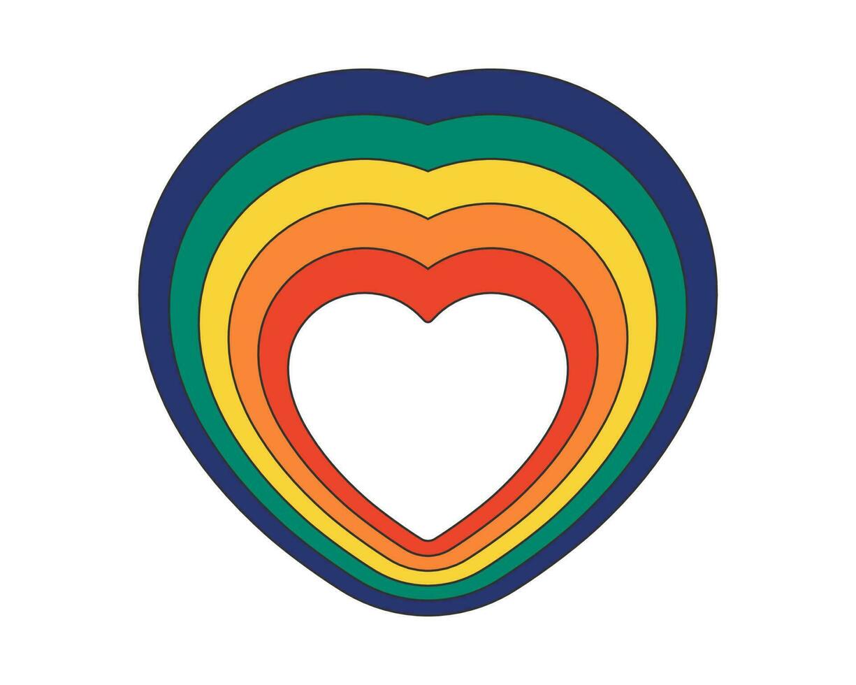 Retro groovy hipster hypnotic heart with rainbow trace. Psychedelic hippie love symbol iridescent radiance. Hippy vintage crazy sticker. Trendy y2k pop art colourful abstract element. Funky eps badge vector