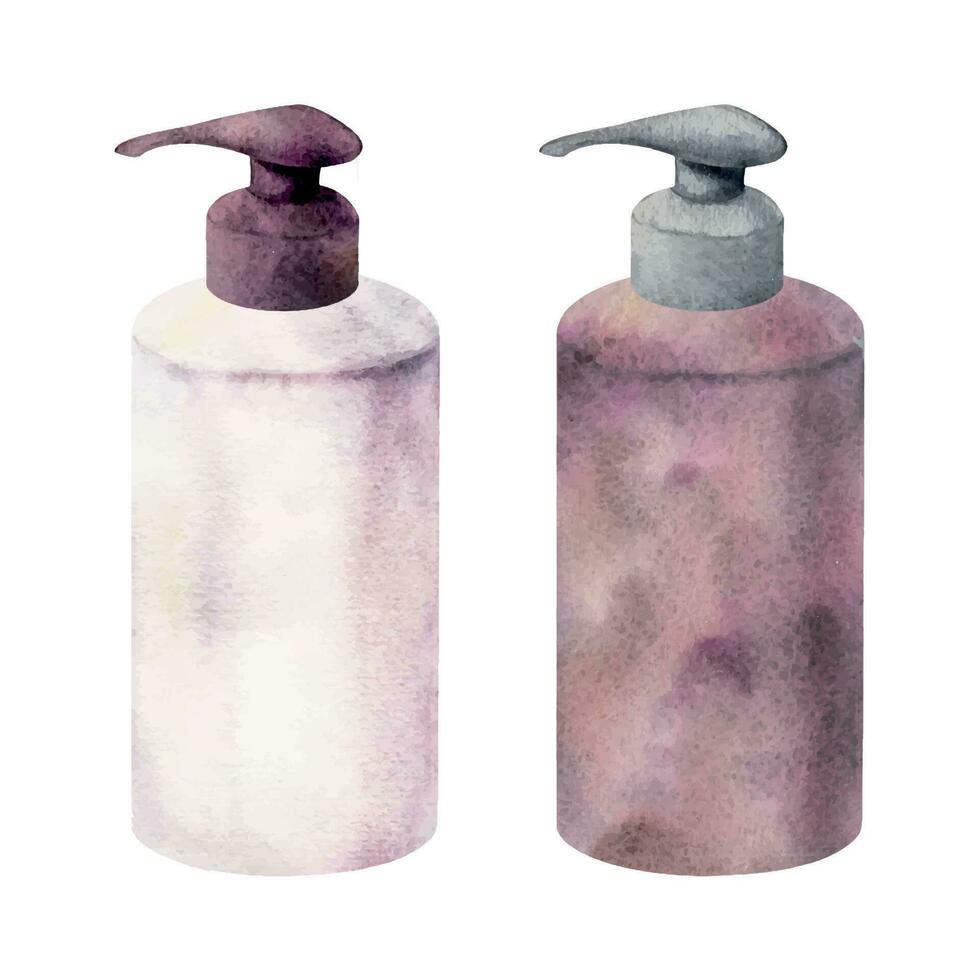 Hand drawn watercolor spa skincare bath beauty bottle and dispencer products package. Isolated object on white background. Design for wall art, wellness resort, print, fabric, cover, card, booklet. vector