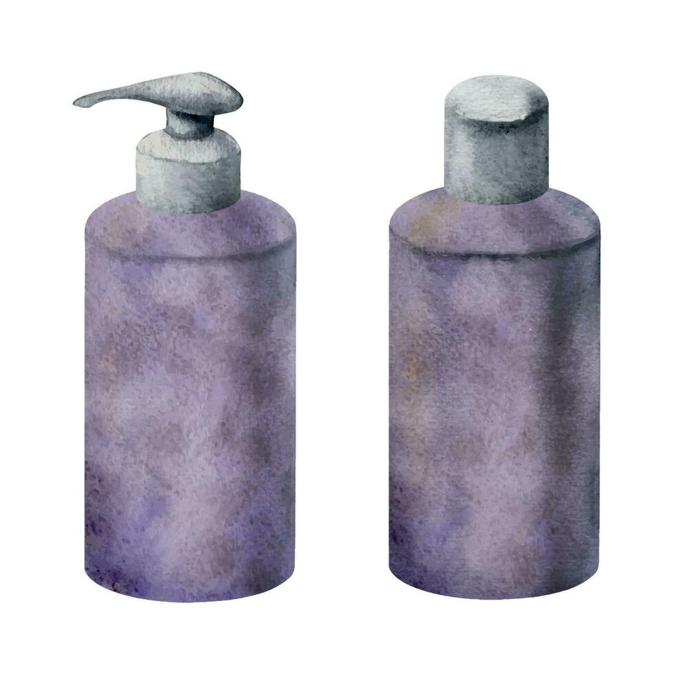 Hand drawn watercolor spa skincare bath beauty bottle and dispencer products package. Isolated object on white background. Design for wall art, wellness resort, print, fabric, cover, card, booklet. vector