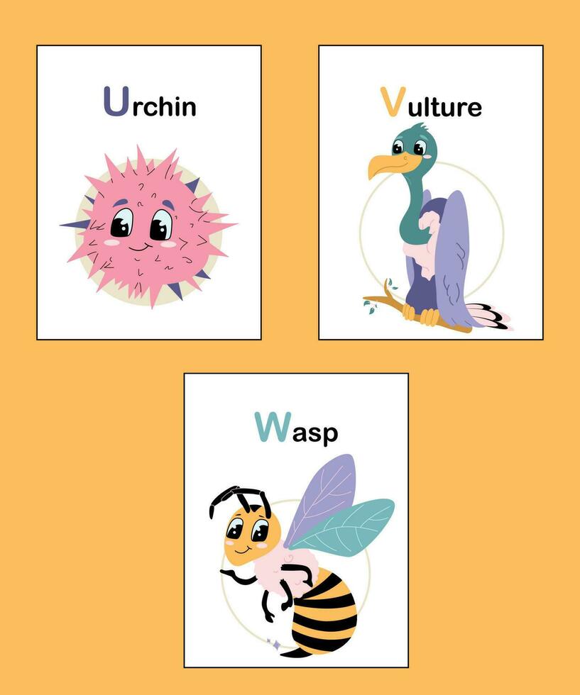 Animal alphabet cards U to W. Colorful educational childish vector illustrations with letters. Funny learning alphabet collection. Urchin, vulture, wasp.