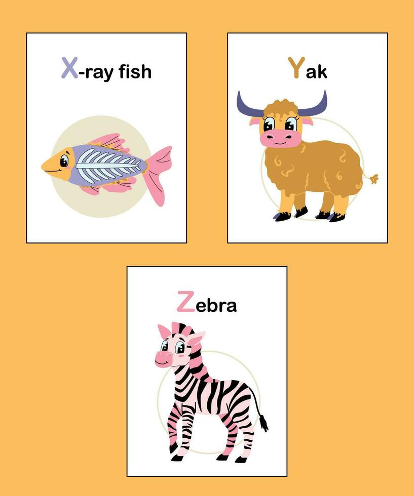 Animal alphabet cards X to Z. Colorful educational childish vector illustrations with letters. Funny learning alphabet collection. X-ray fish, yak, zebra