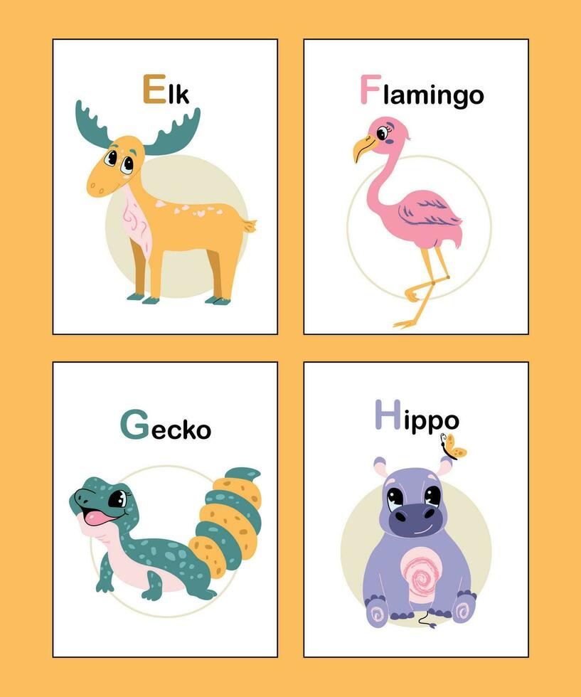 Cute animal alphabet from E to H. Educational vector illustration in bright colors. Elk, Flamingo, Gecko, Hippo. Colorful hand drawn cartoon animal alphabet cards isolated on yellow background.