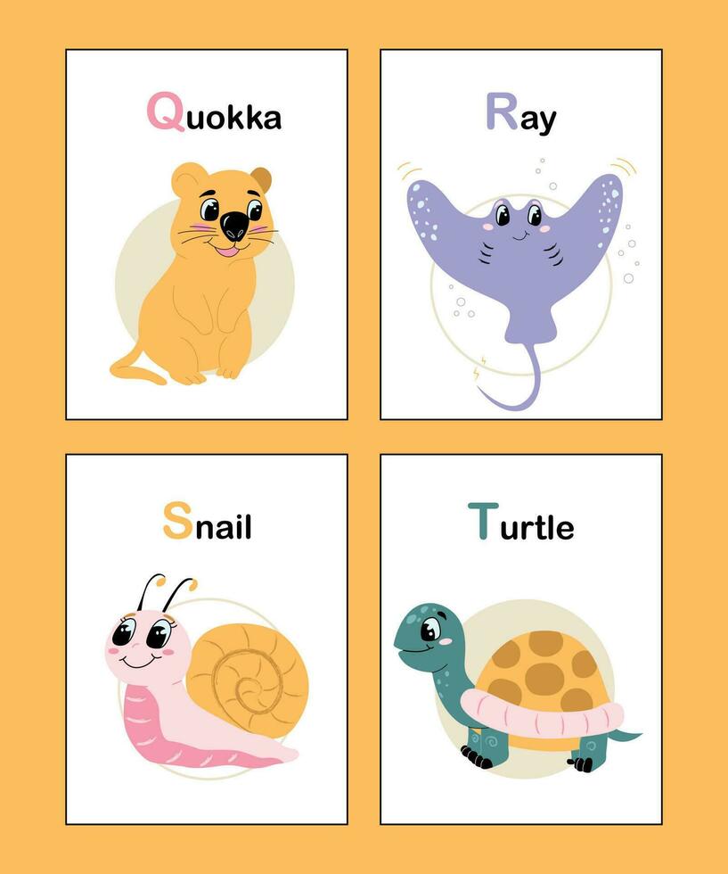 Educational animal alphabet cards Q to T. Colorful childish vector illustrations with letters. Funny learning alphabet collection. Quokka, Ray, Snail, Turtle.
